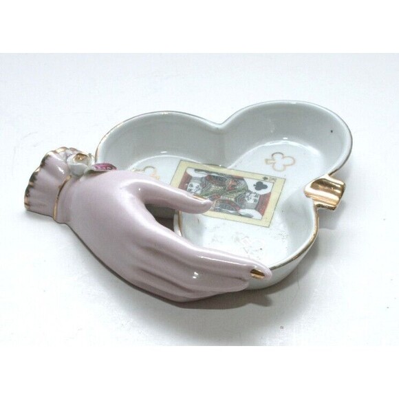 Vtg 1950's Porcelain Ashtray King of Spades Card ladies Hand retro home decor - Picture 3 of 4